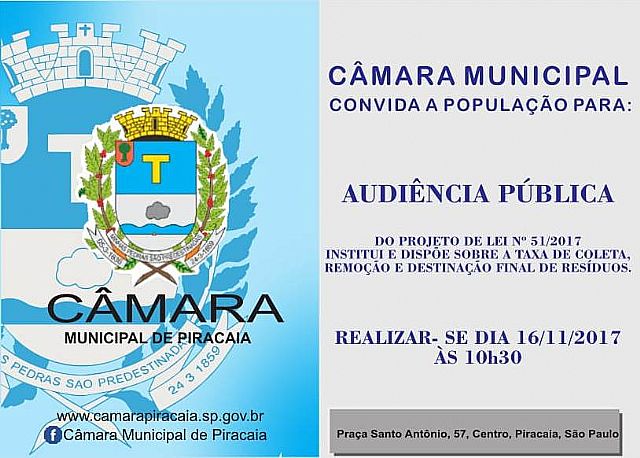 A Câmara Municipal convida a população para Audiência Pública