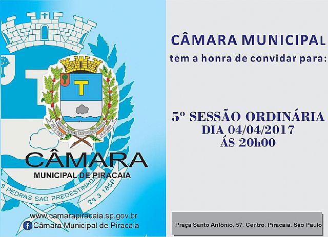 Câmara Municipal de Piracaia convida toda a população a participar da 5º Sessão Ordinária.