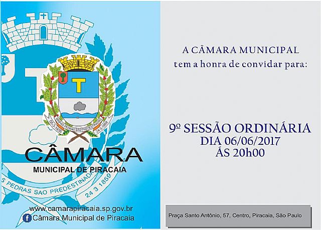 Câmara Municipal de Piracaia, convida toda a população a participar da 9ª Sessão Ordinária. 